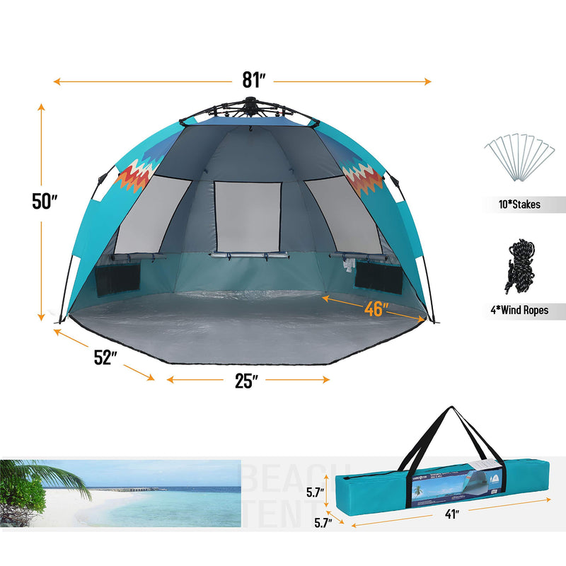 Alpha Camp 3-4 Person Portable Instant Beach Tent UV Protection with 3 Ventilating Windows
