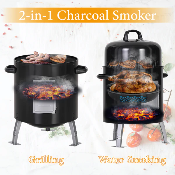 Outdoor 17" Charcoal Smoker & Grill with Built-in Thermometer