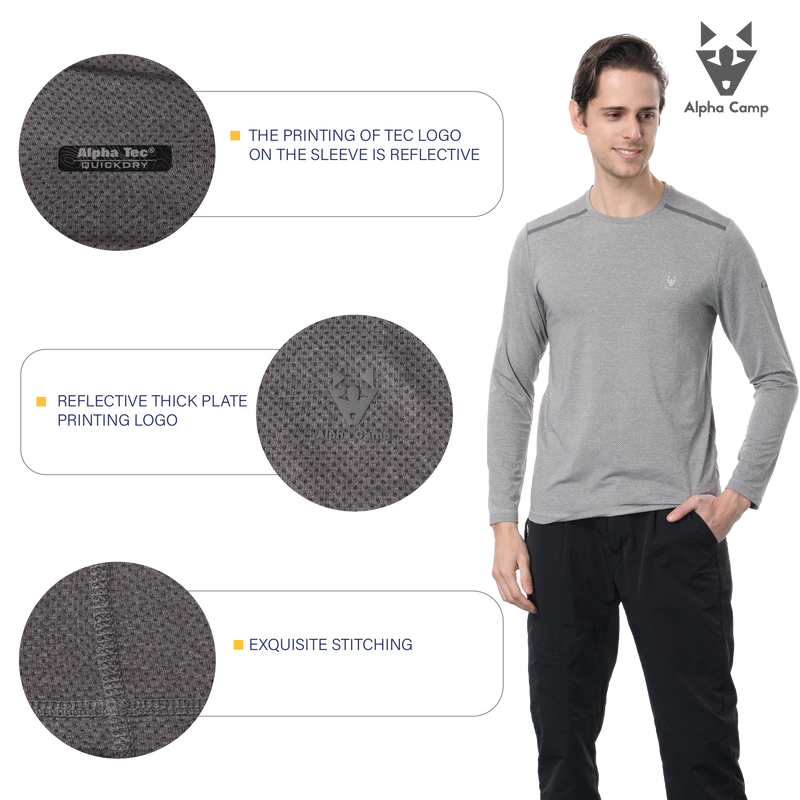 ALPHA CAMP Men’s Heat-pressed round neck long-sleeved jacquard T-Shirt Workout Athletic Running Gym Shirts for Men