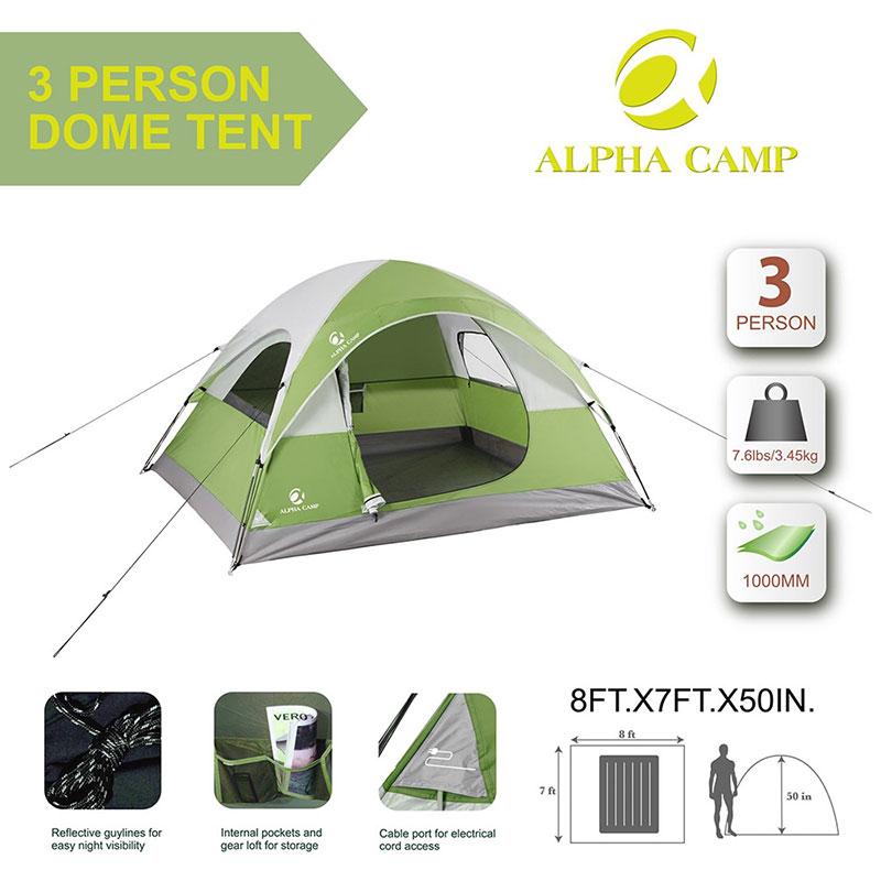 ALPHA CAMP Green 3 Person Backpacking Camping Tent