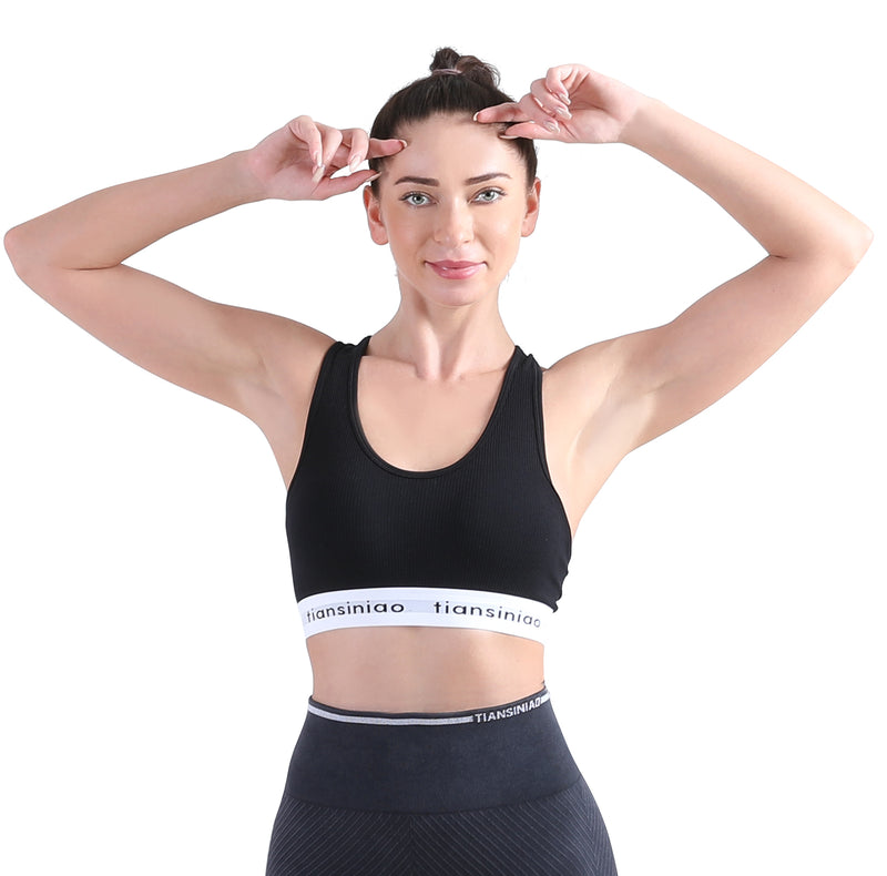 ALPHA CAMP Letter Tape Sports Bra Removable Padded Cut-out Racer Back High Support Yoga Bra