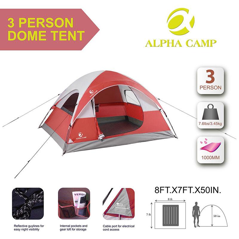 ALPHA CAMP Red 3 Person Backpacking Camping Tent