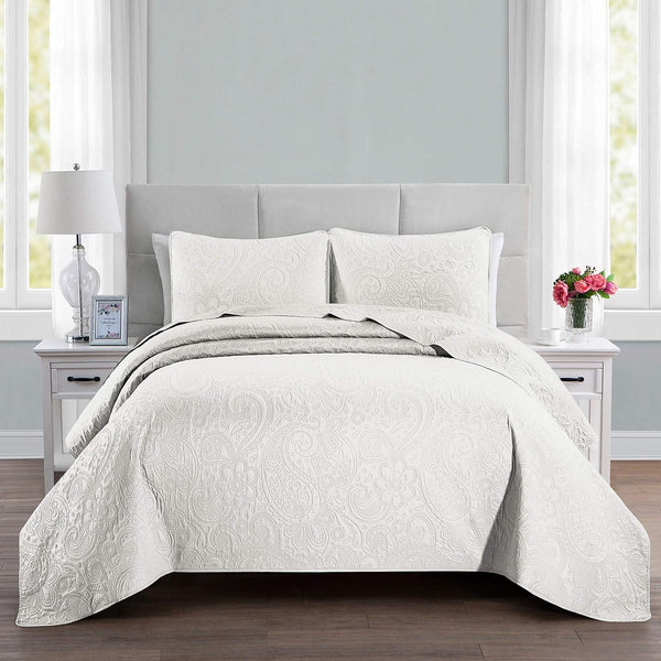ALPHA HOME 3-Piece Bed Quilt Lightweight Bedspread Set Twin Size 68" x 90", 1 Embossing Bedspread, 1 Pillow case 20" x 26", Machine Washable Bed Quilt Comforter Bedding Set Duvet Cover, Ivory