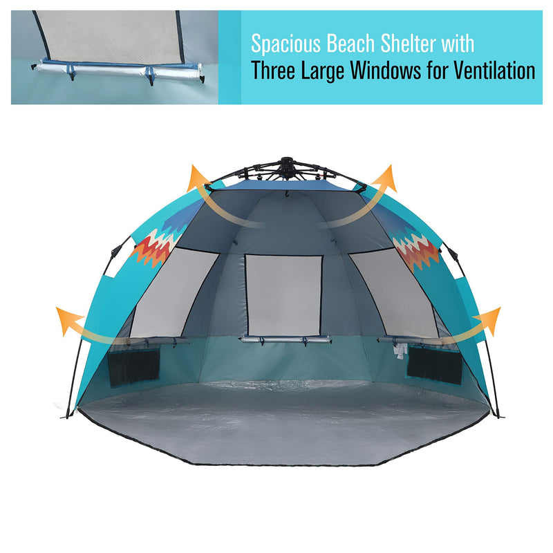 Alpha Camp 3-4 Person Portable Instant Beach Tent UV Protection with 3 Ventilating Windows