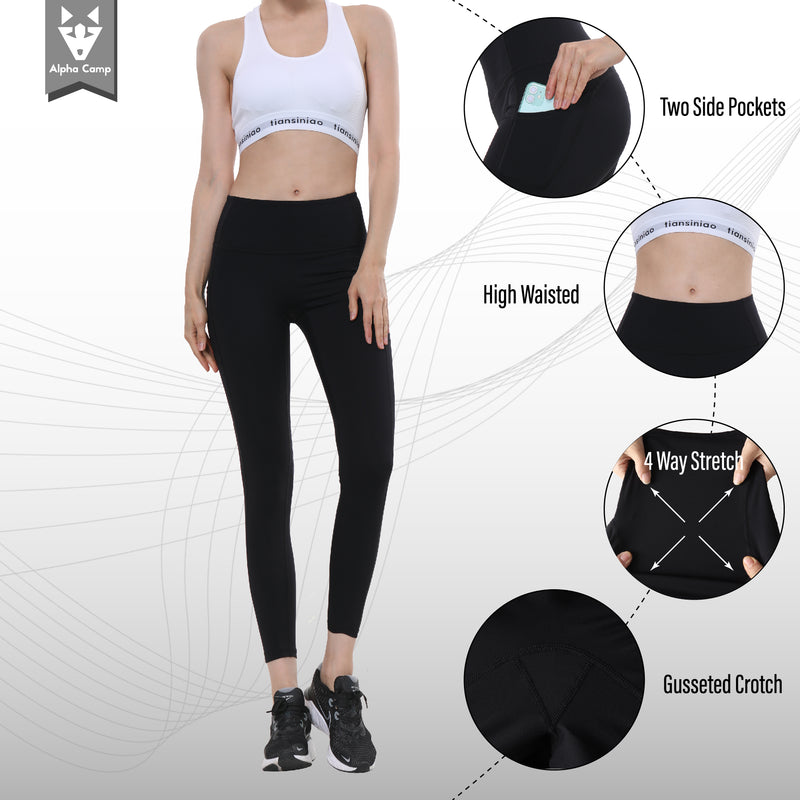 ALPHA CAMP High Waist Yoga Pants with Pockets, Tummy Control Exercise Shorts Workout Running Yoga Leggings for Women