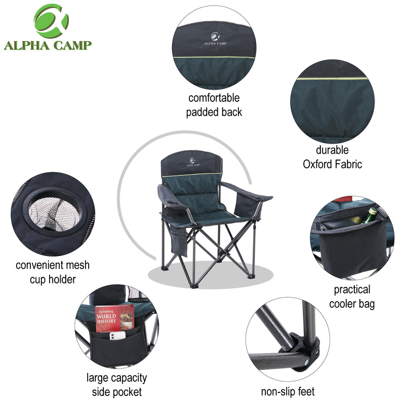  ALPHA CAMP Oversized Camping Folding Chair, Heavy Duty Support  450 LBS Steel Frame Collapsible Padded Arm Chair with Cup Holder Quad  Lumbar Back, Portable for Outdoor,Black : Sports & Outdoors