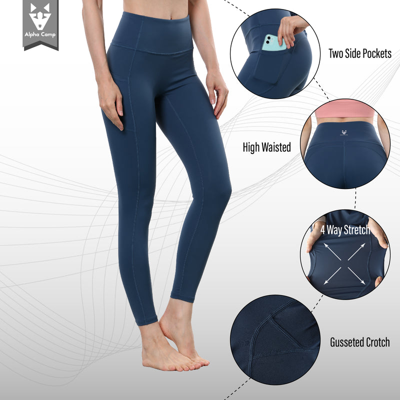 ALPHA CAMP High Waist Yoga Pants with Pockets, Tummy Control Exercise Shorts Workout Running Yoga Leggings for Women