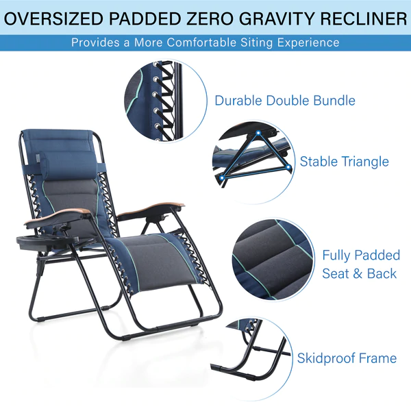 Alpha Camp New Oversize Padded Zero Gravity Lounge Chair Wooden Armrest Adjustable Recliner