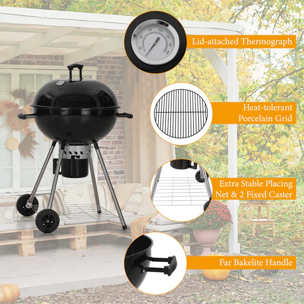 Outdoor 22" Kettle Enamel Charcoal Grill with Built-in Thermometer