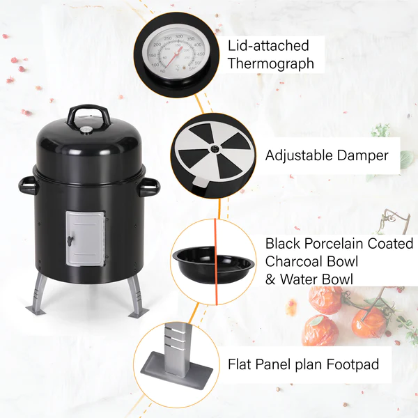 Outdoor 17" Charcoal Smoker & Grill with Built-in Thermometer