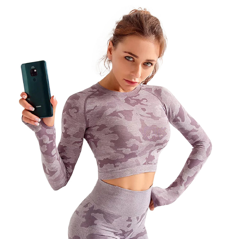 Alpha Camp New Wicking Tight Sports Blouse Running Yoga Breathable Hollow Seamless Crop Top Long Sleeve Fitness T-shirt