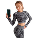 Alpha Camp New Wicking Tight Sports Blouse Running Yoga Breathable Hollow Seamless Crop Top Long Sleeve Fitness T-shirt