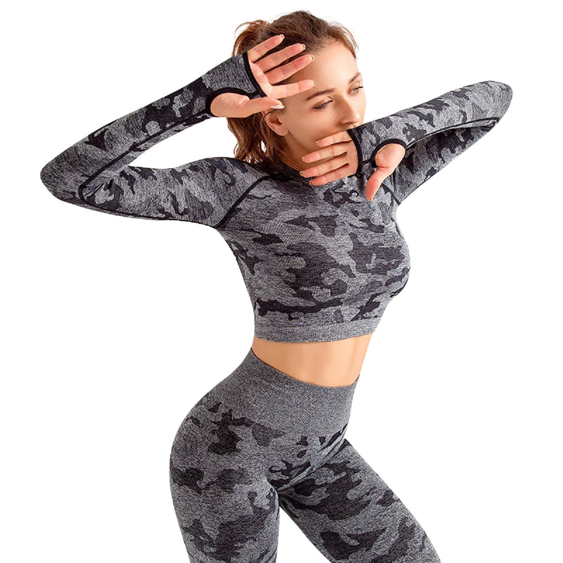 Alpha Camp New Wicking Tight Sports Blouse Running Yoga Breathable Hollow Seamless Crop Top Long Sleeve Fitness T-shirt