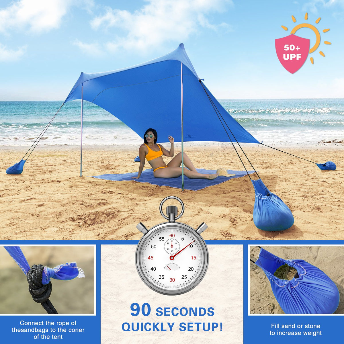 Alpha Camp Auvent De Plage Nomade – Parasol 7x7 Pieds Avec Sac à Sable, Protection UV, Camping