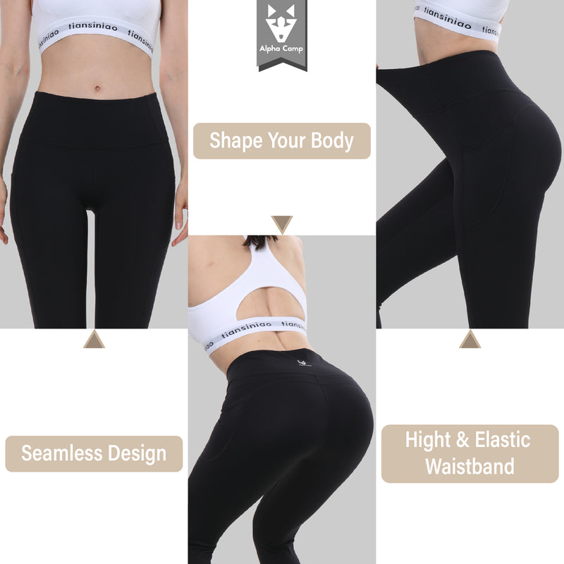 ALPHA CAMP High Waist Yoga Pants with Pockets, Tummy Control Exercise Shorts Workout Running Yoga Leggings for Women