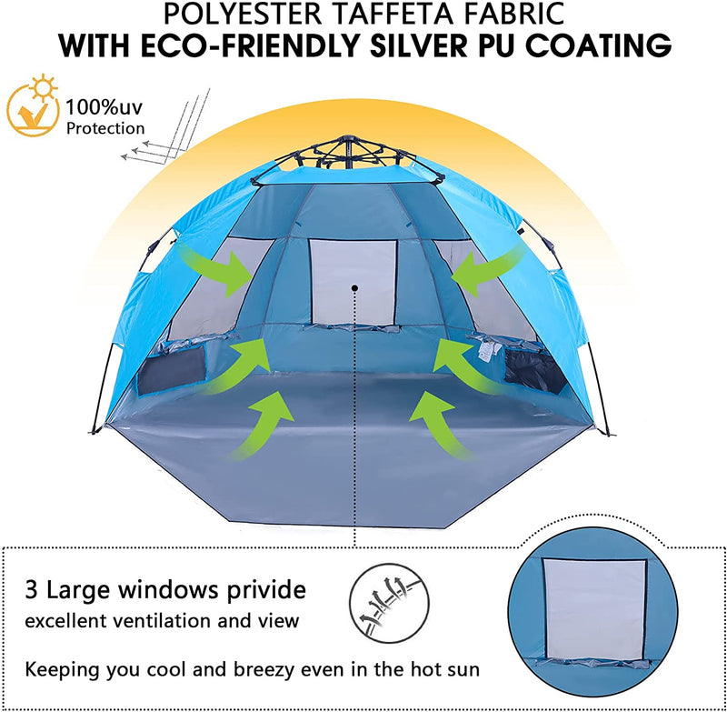 Alpha Camp 3-4 Person Portable Instant Beach Tent UV Protection with 3 Ventilating Windows