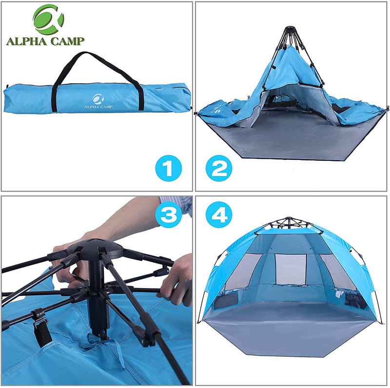 Alpha Camp 3-4 Person Portable Instant Beach Tent UV Protection with 3 Ventilating Windows