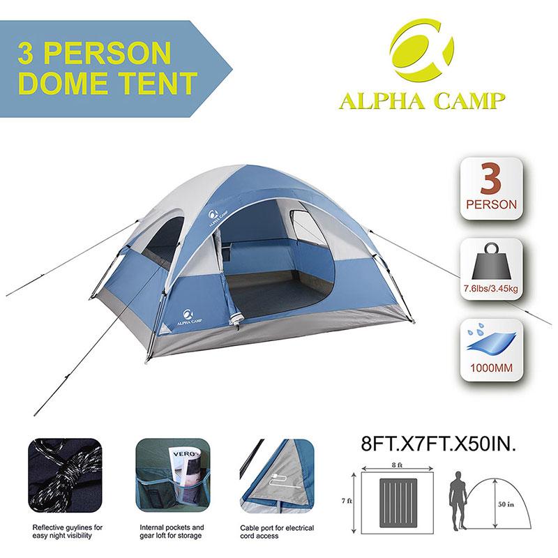 ALPHA CAMP Blue 3 Person Backpacking Camping Tent