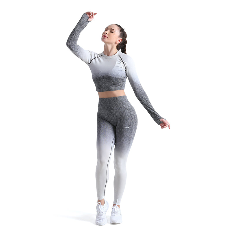 ALPHA CAMP Ombre Raglan Long Sleeve Crop Yoga Top Contrast Stitch Breathable Sports Top