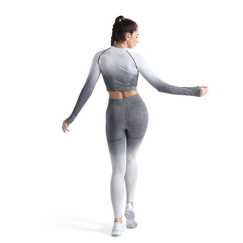 ALPHA CAMP Ombre Raglan Long Sleeve Crop Yoga Top Contrast Stitch Breathable Sports Top