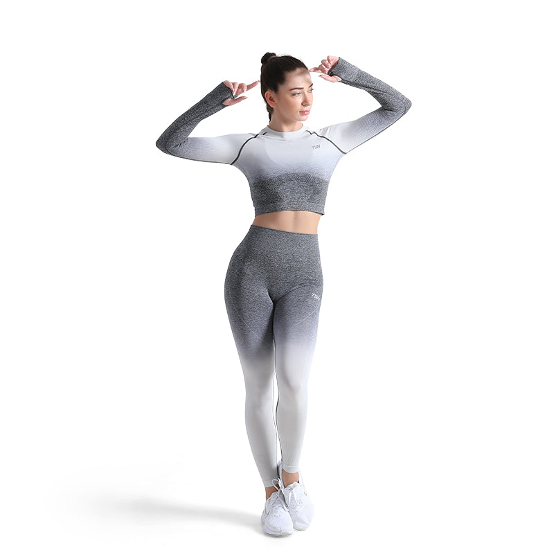 ALPHA CAMP Ombre Raglan Long Sleeve Crop Yoga Top Contrast Stitch Breathable Sports Top