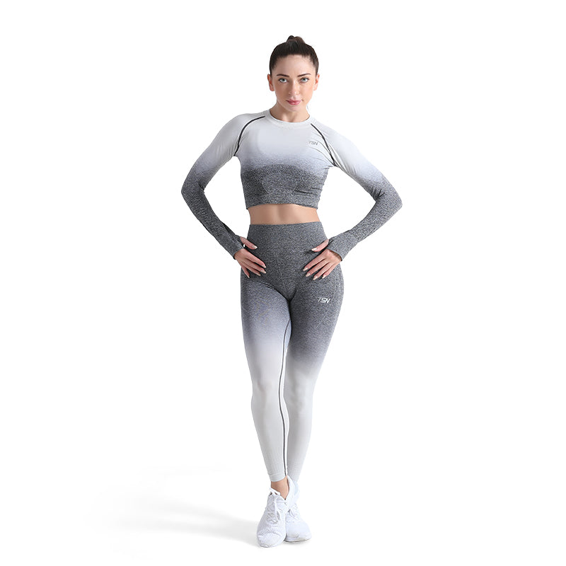 ALPHA CAMP Ombre Raglan Long Sleeve Crop Yoga Top Contrast Stitch Breathable Sports Top