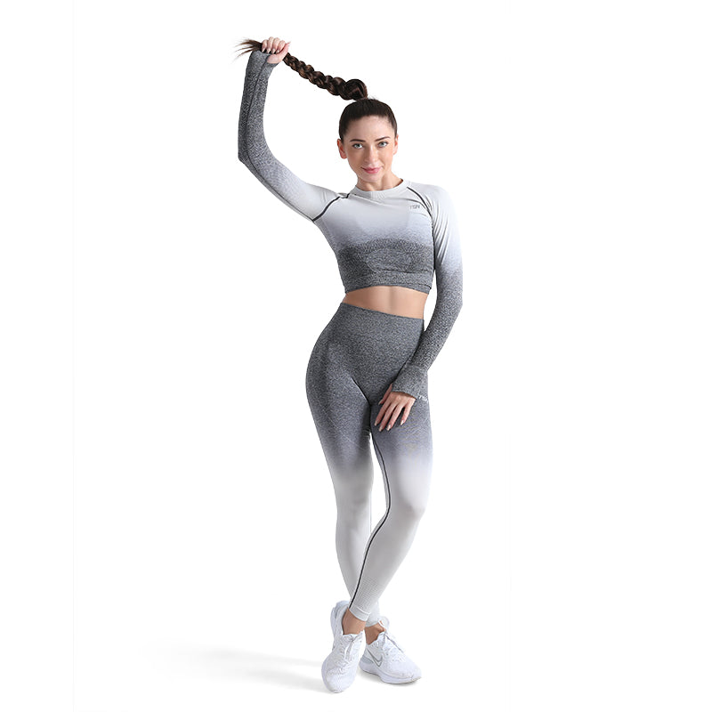 ALPHA CAMP Ombre Raglan Long Sleeve Crop Yoga Top Contrast Stitch Breathable Sports Top