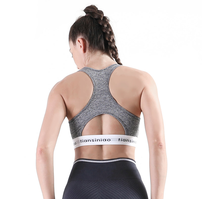 ALPHA CAMP Letter Tape Sports Bra Removable Padded Cut-out Racer Back High Support Yoga Bra