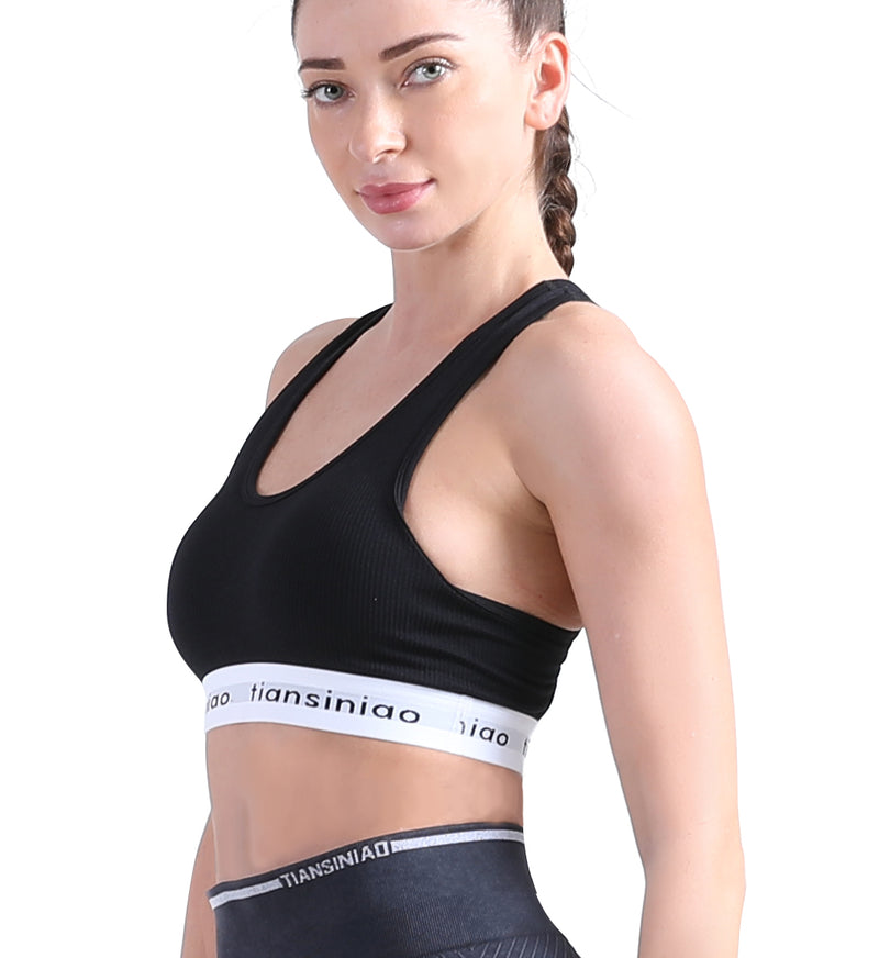 ALPHA CAMP Letter Tape Sports Bra Removable Padded Cut-out Racer Back High Support Yoga Bra