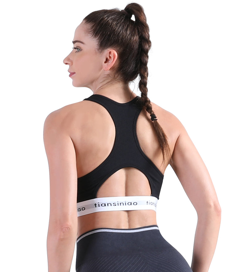 ALPHA CAMP Letter Tape Sports Bra Removable Padded Cut-out Racer Back High Support Yoga Bra