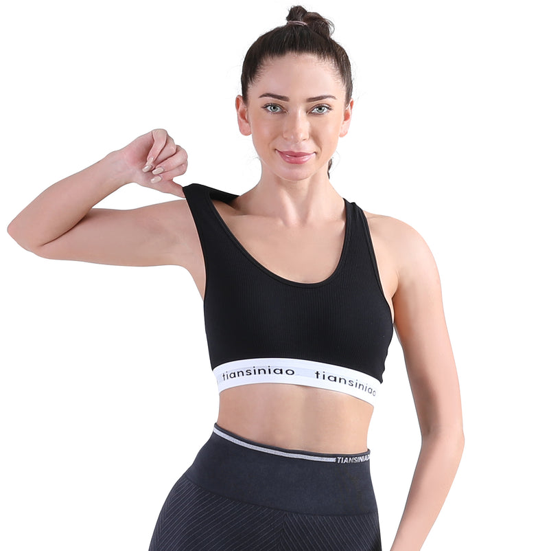 ALPHA CAMP Letter Tape Sports Bra Removable Padded Cut-out Racer Back High Support Yoga Bra