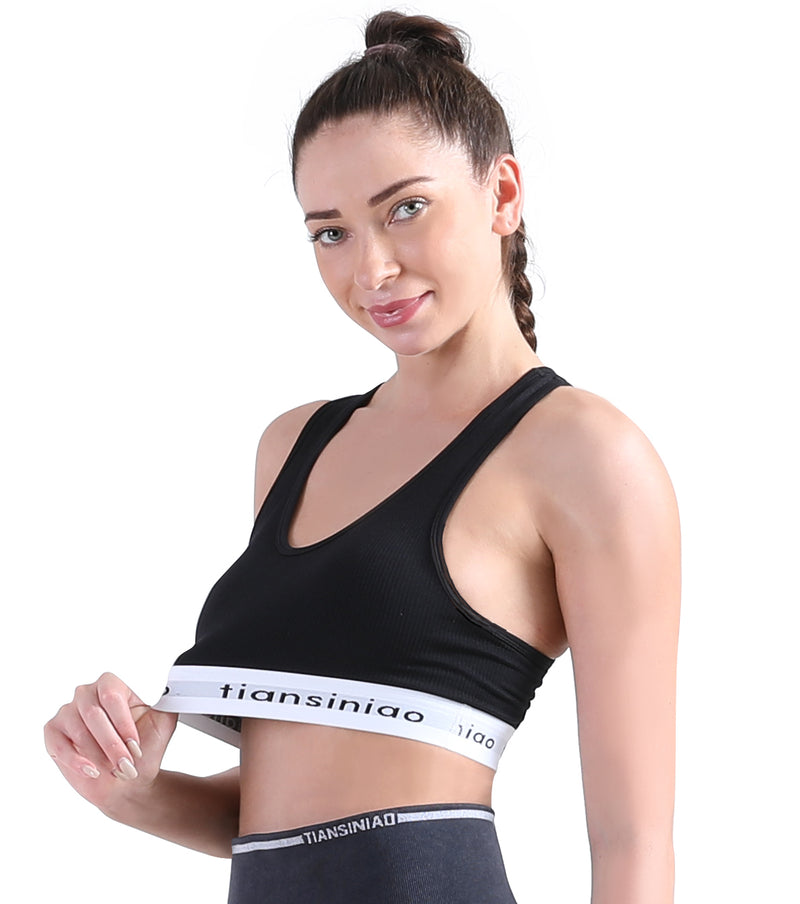 ALPHA CAMP Letter Tape Sports Bra Removable Padded Cut-out Racer Back High Support Yoga Bra