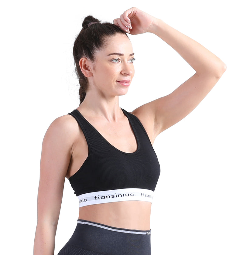 ALPHA CAMP Letter Tape Sports Bra Removable Padded Cut-out Racer Back High Support Yoga Bra