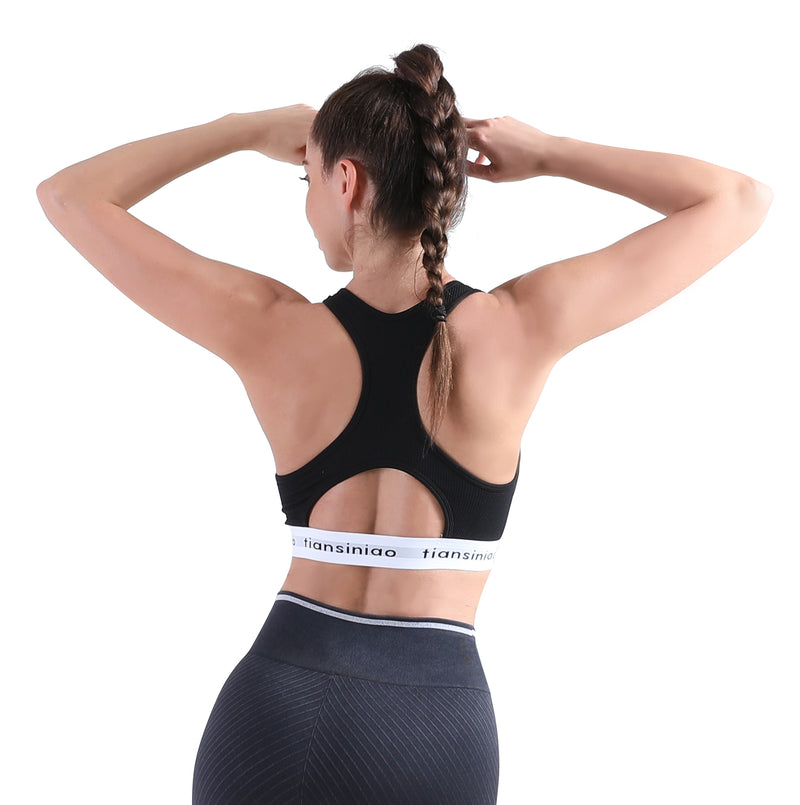 ALPHA CAMP Letter Tape Sports Bra Removable Padded Cut-out Racer Back High Support Yoga Bra